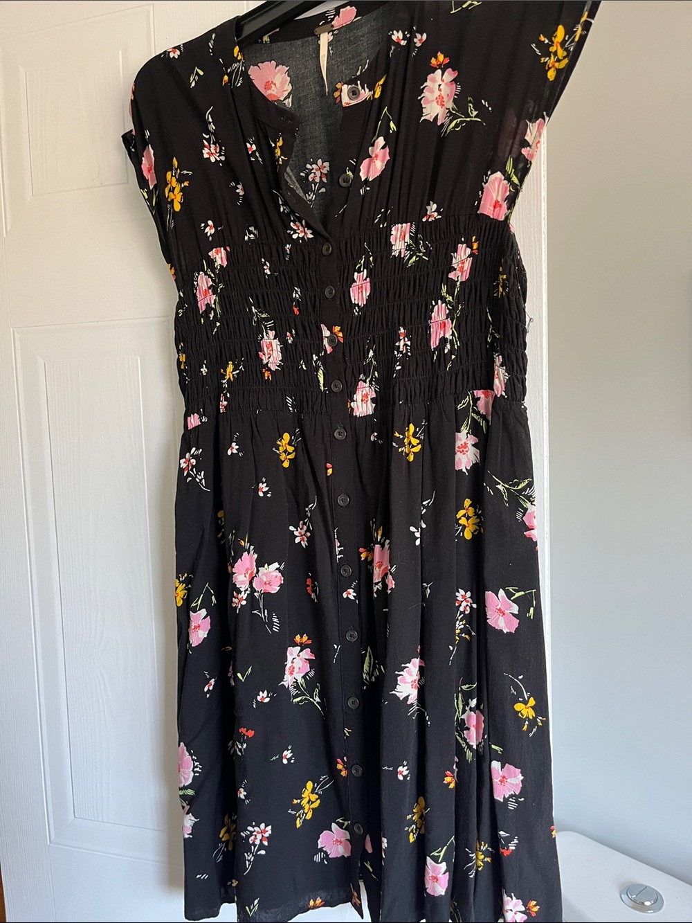 Free People Black Midi Dress with Pink & Yellow Floral Print
